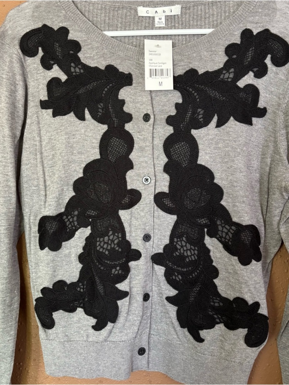 Cabi Applique Cardigan 100 Charcoal Lace Grey Black Floral Sweater  Size M - Picture 3 of 10